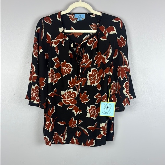 CeCe Floral Black and Orange 3/4 Flare Sleeve Tie Front Blouse - Picture 2 of 10